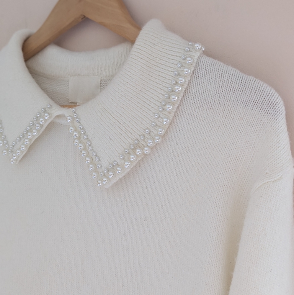 H&M Off White Knit Sweater Dress Pearl Bead Peter Pan Collar Large - Picture 4 of 16